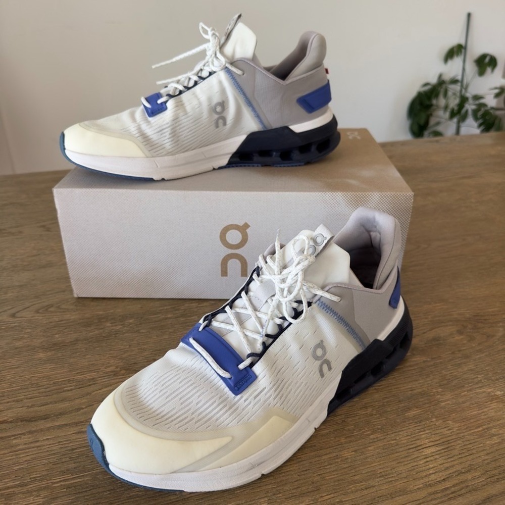 On Cloudnova Flux Men's Running Sneakers-White/Blue-Sz US 10-In Box